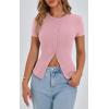 imagePRETTYGARDEN Womens Short Sleeve Summer Tops 2025 Trendy Ribbed Knit Button Up Tight Basic Tees Shirts Going Out Y2K ClothesPink
