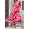 imagePRETTYGARDEN Womens Summer Casual Boho Dress Floral Print Ruffle Puff Short Sleeve Flowy Midi Beach Party DressesFloral Rose Red