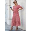 imagePRETTYGARDEN Womens Summer Casual Boho Dress Floral Print Ruffle Puff Short Sleeve Flowy Midi Beach Party DressesRed