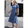 imagePRETTYGARDEN Womens Summer Casual Boho Dress Floral Print Ruffle Puff Short Sleeve Flowy Midi Beach Party DressesSolid Blue