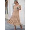 imagePRETTYGARDEN Womens Summer Casual Boho Dress Floral Print Ruffle Puff Short Sleeve Flowy Midi Beach Party DressesSolid Khaki