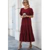 imagePRETTYGARDEN Womens Summer Casual Boho Dress Floral Print Ruffle Puff Short Sleeve Flowy Midi Beach Party DressesSolid Wine Red