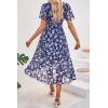 imagePRETTYGARDEN Womens Summer Floral Boho Dress Wrap V Neck Short Sleeve Ruffle ALine Flowy Maxi Wedding Guest DressesNavy White Floral