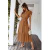 imagePRETTYGARDEN Womens Summer Floral Boho Dress Wrap V Neck Short Sleeve Ruffle ALine Flowy Maxi Wedding Guest DressesSolid Brown