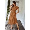 imagePRETTYGARDEN Womens Summer Floral Boho Dress Wrap V Neck Short Sleeve Ruffle ALine Flowy Maxi Wedding Guest DressesSolid Brown