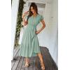 imagePRETTYGARDEN Womens Summer Floral Boho Dress Wrap V Neck Short Sleeve Ruffle ALine Flowy Maxi Wedding Guest DressesSolid Green