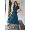 imagePRETTYGARDEN Womens Summer Floral Boho Dress Wrap V Neck Short Sleeve Ruffle ALine Flowy Maxi Wedding Guest DressesSolid Lake Blue