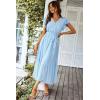 imagePRETTYGARDEN Womens Summer Floral Boho Dress Wrap V Neck Short Sleeve Ruffle ALine Flowy Maxi Wedding Guest DressesSolid Light Blue