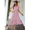 imagePRETTYGARDEN Womens Summer Floral Boho Dress Wrap V Neck Short Sleeve Ruffle ALine Flowy Maxi Wedding Guest DressesSolid Pink