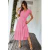 imagePRETTYGARDEN Womens Summer Floral Boho Dress Wrap V Neck Short Sleeve Ruffle ALine Flowy Maxi Wedding Guest DressesSolid Rose Pink