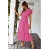 imagePRETTYGARDEN Womens Summer Floral Boho Dress Wrap V Neck Short Sleeve Ruffle ALine Flowy Maxi Wedding Guest DressesSolid Rose Red