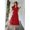 imagePRETTYGARDEN Womens Summer Floral Boho Dress Wrap V Neck Short Sleeve Ruffle ALine Flowy Maxi Wedding Guest DressesSolid Wine Red