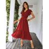 imagePRETTYGARDEN Womens Summer Floral Boho Dress Wrap V Neck Short Sleeve Ruffle ALine Flowy Maxi Wedding Guest DressesSolid Wine Red