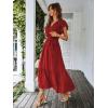 imagePRETTYGARDEN Womens Summer Floral Boho Dress Wrap V Neck Short Sleeve Ruffle ALine Flowy Maxi Wedding Guest DressesSolid Wine Red