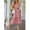 imagePRETTYGARDEN Womens Summer Floral Boho Dress Wrap V Neck Short Sleeve Ruffle ALine Flowy Maxi Wedding Guest DressesWine Red