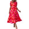 imagePRETTYGARDEN Womens Summer Casual Boho Dress Floral Print Ruffle Puff Short Sleeve Flowy Midi Beach Party DressesRed Block