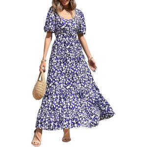 imagePRETTYGARDEN Womens Dresses 2025 Puff Sleeve Floral Casual Summer Dresses Smocked Backless Beach Flowy Tiered Maxi DressBlack Blue Flower