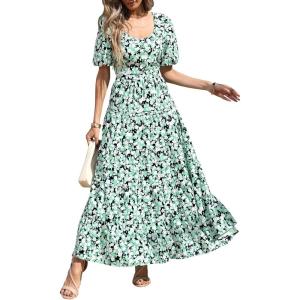 imagePRETTYGARDEN Womens Dresses 2025 Puff Sleeve Floral Casual Summer Dresses Smocked Backless Beach Flowy Tiered Maxi DressBlack Green Flower