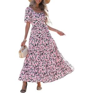 imagePRETTYGARDEN Womens Dresses 2025 Puff Sleeve Floral Casual Summer Dresses Smocked Backless Beach Flowy Tiered Maxi DressBlack Pink Flower