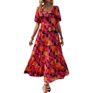 imagePRETTYGARDEN Womens Dresses 2025 Puff Sleeve Floral Casual Summer Dresses Smocked Backless Beach Flowy Tiered Maxi DressFblack Red