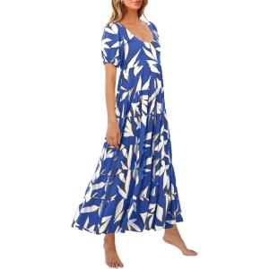 imagePRETTYGARDEN Womens Dresses 2025 Puff Sleeve Floral Casual Summer Dresses Smocked Backless Beach Flowy Tiered Maxi DressFblue White