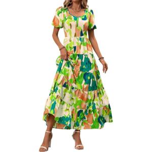 imagePRETTYGARDEN Womens Dresses 2025 Puff Sleeve Floral Casual Summer Dresses Smocked Backless Beach Flowy Tiered Maxi DressFgreen
