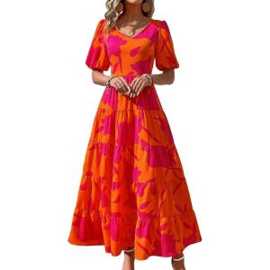 imagePRETTYGARDEN Womens Dresses 2025 Puff Sleeve Floral Casual Summer Dresses Smocked Backless Beach Flowy Tiered Maxi DressForange Rose Red