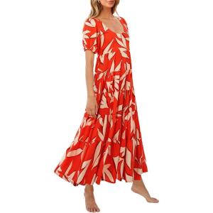 imagePRETTYGARDEN Womens Dresses 2025 Puff Sleeve Floral Casual Summer Dresses Smocked Backless Beach Flowy Tiered Maxi DressForange White