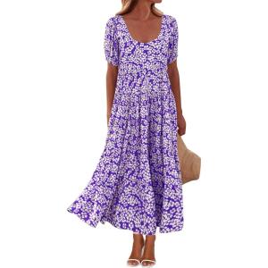imagePRETTYGARDEN Womens Dresses 2025 Puff Sleeve Floral Casual Summer Dresses Smocked Backless Beach Flowy Tiered Maxi DressFpurple White