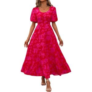 imagePRETTYGARDEN Womens Dresses 2025 Puff Sleeve Floral Casual Summer Dresses Smocked Backless Beach Flowy Tiered Maxi DressFred