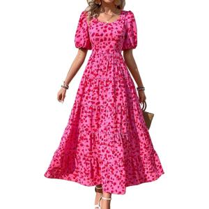 imagePRETTYGARDEN Womens Dresses 2025 Puff Sleeve Floral Casual Summer Dresses Smocked Backless Beach Flowy Tiered Maxi DressFrose Red