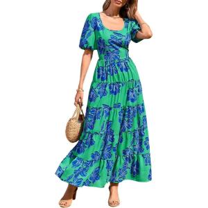 imagePRETTYGARDEN Womens Dresses 2025 Puff Sleeve Floral Casual Summer Dresses Smocked Backless Beach Flowy Tiered Maxi DressGreen Blue Flower