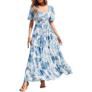 imagePRETTYGARDEN Womens Dresses 2025 Puff Sleeve Floral Casual Summer Dresses Smocked Backless Beach Flowy Tiered Maxi DressWhite Blue Flower