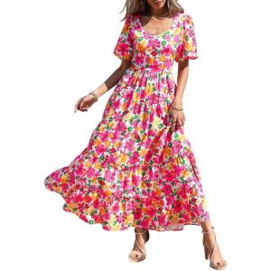 imagePRETTYGARDEN Womens Dresses 2025 Puff Sleeve Floral Casual Summer Dresses Smocked Backless Beach Flowy Tiered Maxi DressWhite Multicolored