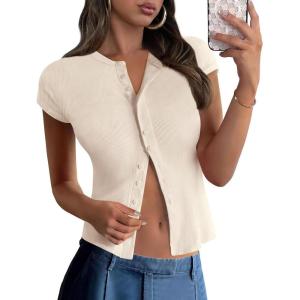 imagePRETTYGARDEN Womens Short Sleeve Summer Tops 2025 Trendy Ribbed Knit Button Up Tight Basic Tees Shirts Going Out Y2K ClothesApricot