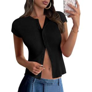 imagePRETTYGARDEN Womens Short Sleeve Summer Tops 2025 Trendy Ribbed Knit Button Up Tight Basic Tees Shirts Going Out Y2K ClothesBlack