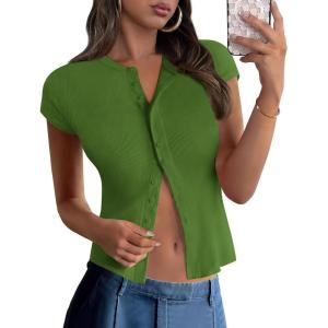 imagePRETTYGARDEN Womens Short Sleeve Summer Tops 2025 Trendy Ribbed Knit Button Up Tight Basic Tees Shirts Going Out Y2K ClothesGreen