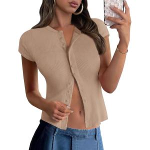 imagePRETTYGARDEN Womens Short Sleeve Summer Tops 2025 Trendy Ribbed Knit Button Up Tight Basic Tees Shirts Going Out Y2K ClothesKhaki
