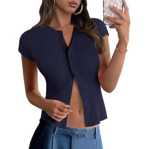 imagePRETTYGARDEN Womens Short Sleeve Summer Tops 2025 Trendy Ribbed Knit Button Up Tight Basic Tees Shirts Going Out Y2K ClothesNavy