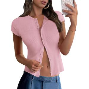 imagePRETTYGARDEN Womens Short Sleeve Summer Tops 2025 Trendy Ribbed Knit Button Up Tight Basic Tees Shirts Going Out Y2K ClothesPink