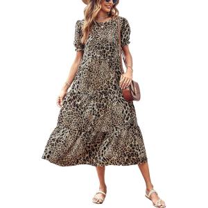imagePRETTYGARDEN Womens Summer Casual Boho Dress Floral Print Ruffle Puff Short Sleeve Flowy Midi Beach Party DressesBlackBeige