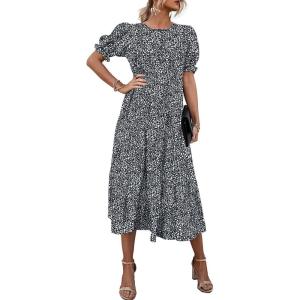 imagePRETTYGARDEN Womens Summer Casual Boho Dress Floral Print Ruffle Puff Short Sleeve Flowy Midi Beach Party DressesBlackWhite