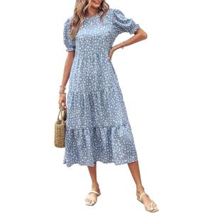 imagePRETTYGARDEN Womens Summer Casual Boho Dress Floral Print Ruffle Puff Short Sleeve Flowy Midi Beach Party DressesBlue