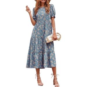 imagePRETTYGARDEN Womens Summer Casual Boho Dress Floral Print Ruffle Puff Short Sleeve Flowy Midi Beach Party DressesBlue Apricot