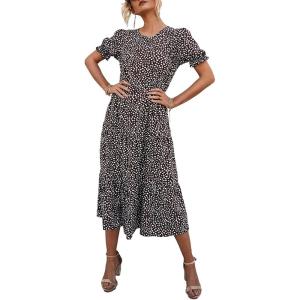imagePRETTYGARDEN Womens Summer Casual Boho Dress Floral Print Ruffle Puff Short Sleeve Flowy Midi Beach Party DressesCoffee