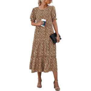 imagePRETTYGARDEN Womens Summer Casual Boho Dress Floral Print Ruffle Puff Short Sleeve Flowy Midi Beach Party DressesCoffee Apricot Leopard