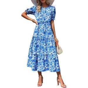 imagePRETTYGARDEN Womens Summer Casual Boho Dress Floral Print Ruffle Puff Short Sleeve Flowy Midi Beach Party DressesFloral Blue