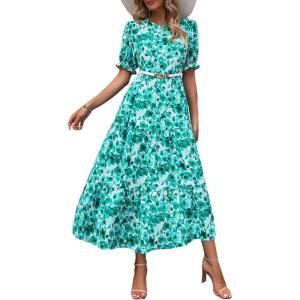 imagePRETTYGARDEN Womens Summer Casual Boho Dress Floral Print Ruffle Puff Short Sleeve Flowy Midi Beach Party DressesFloral Green