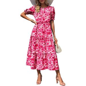 imagePRETTYGARDEN Womens Summer Casual Boho Dress Floral Print Ruffle Puff Short Sleeve Flowy Midi Beach Party DressesFloral Rose Red