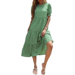 imagePRETTYGARDEN Womens Summer Casual Boho Dress Floral Print Ruffle Puff Short Sleeve Flowy Midi Beach Party DressesGreen